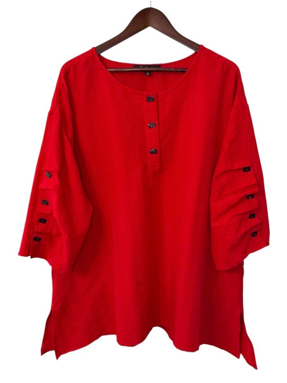 Calessa blouse womens 1X red textured crepe boho art asymmetrical pockets office